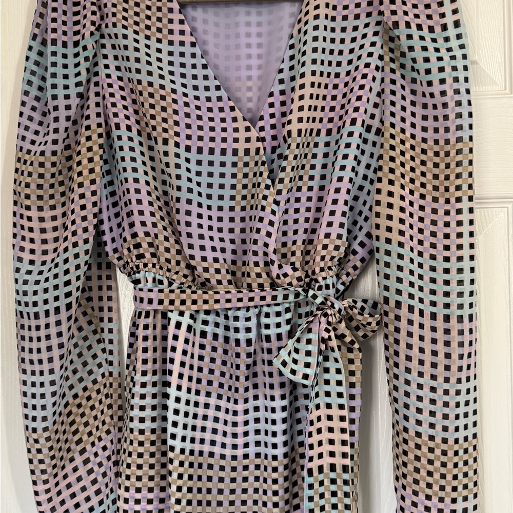 Calvin Klein Pastel Checkered Long Sleeve Tie Waist Blouse